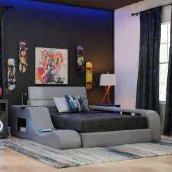 Blaine Modular Full Bed with Built-in Nightstand, Lounge Chair & Bookcase