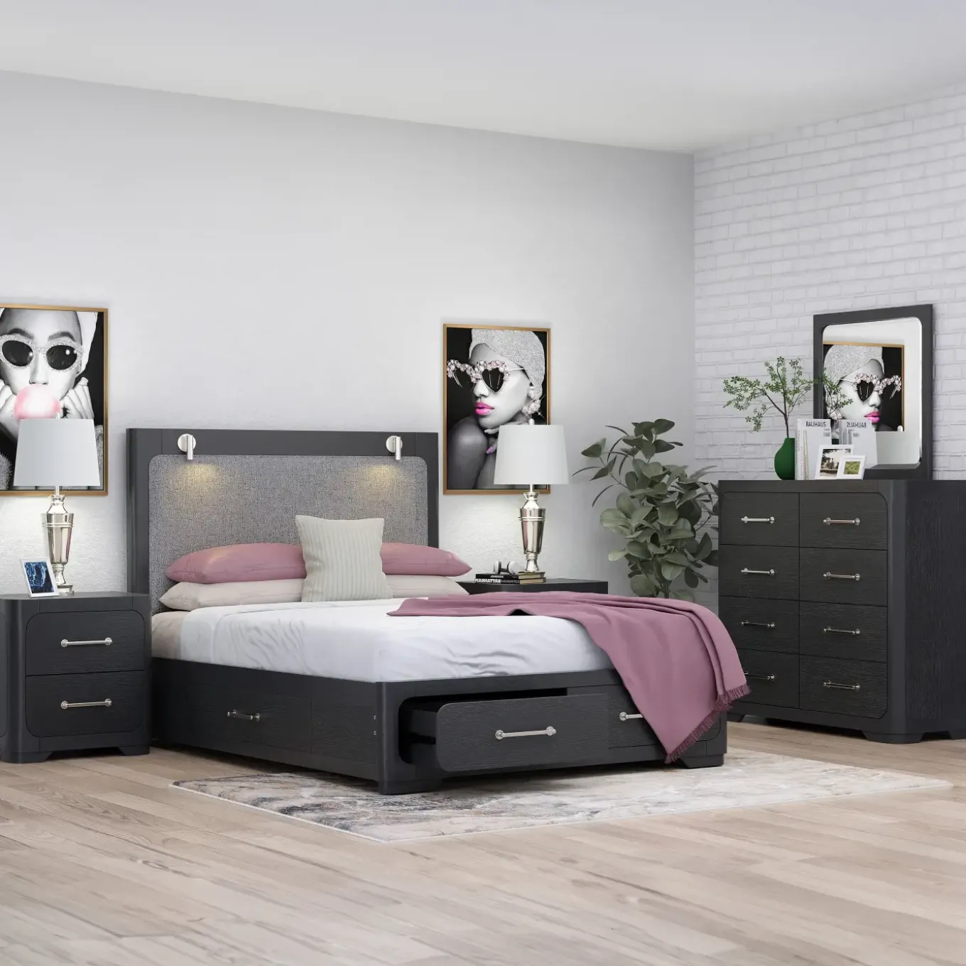 Bowery Queen Storage Bed, Dresser, Mirror, Nightstand