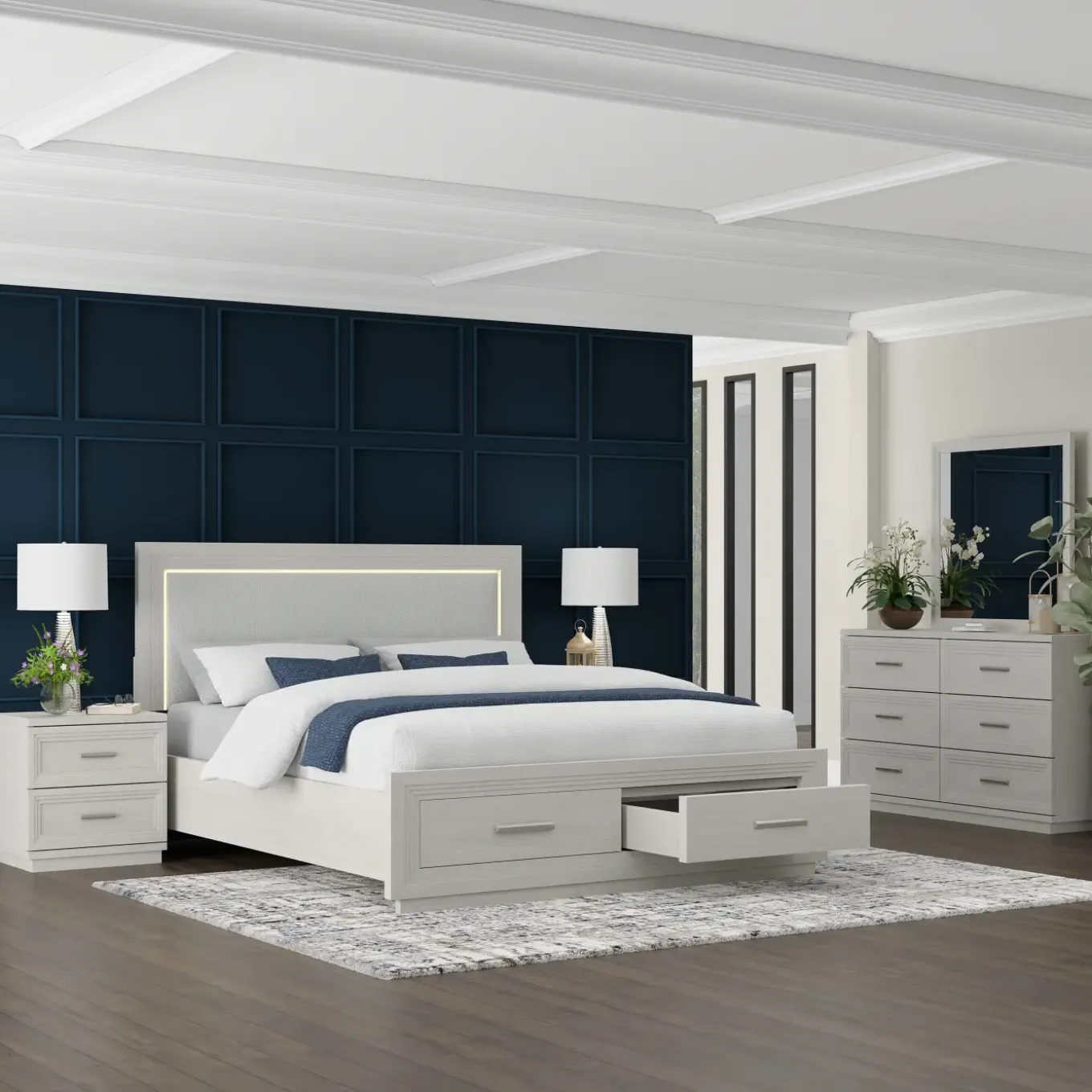 Burbank King Storage Bed, Dresser, Mirror, Nightstand
