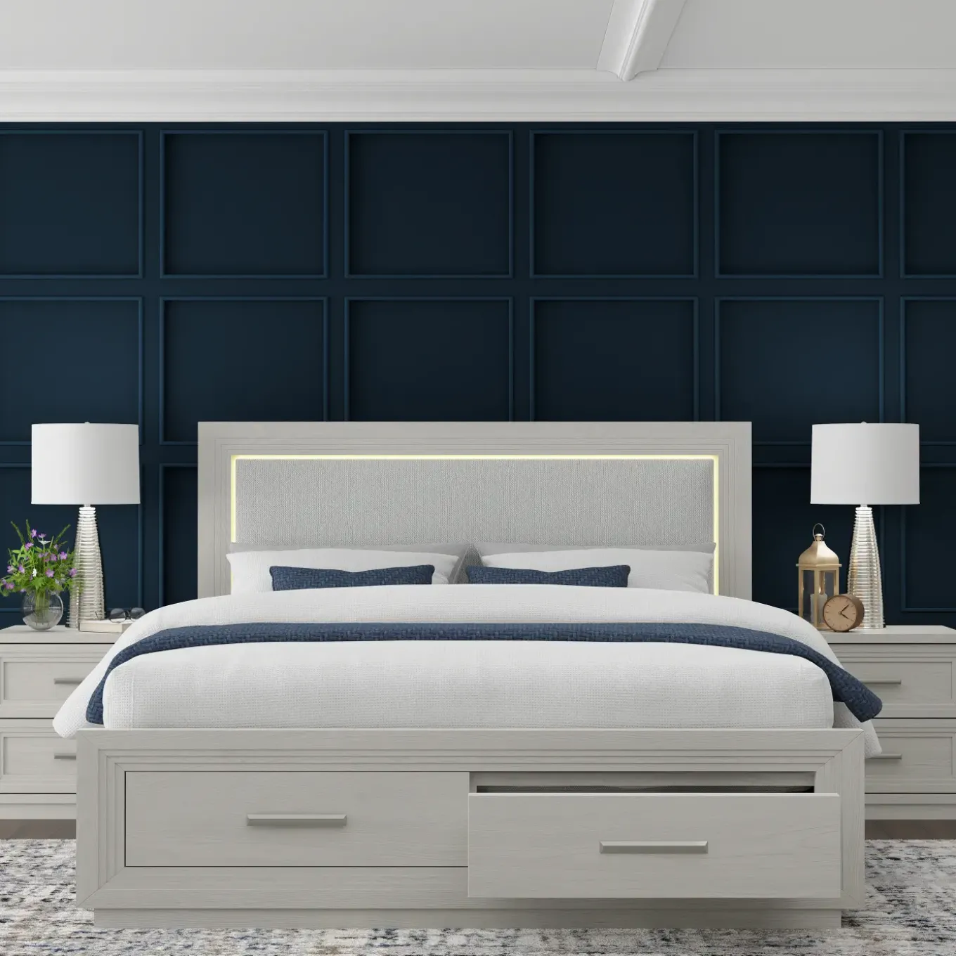 Burbank King Storage Bed, Dresser, Mirror, Nightstand