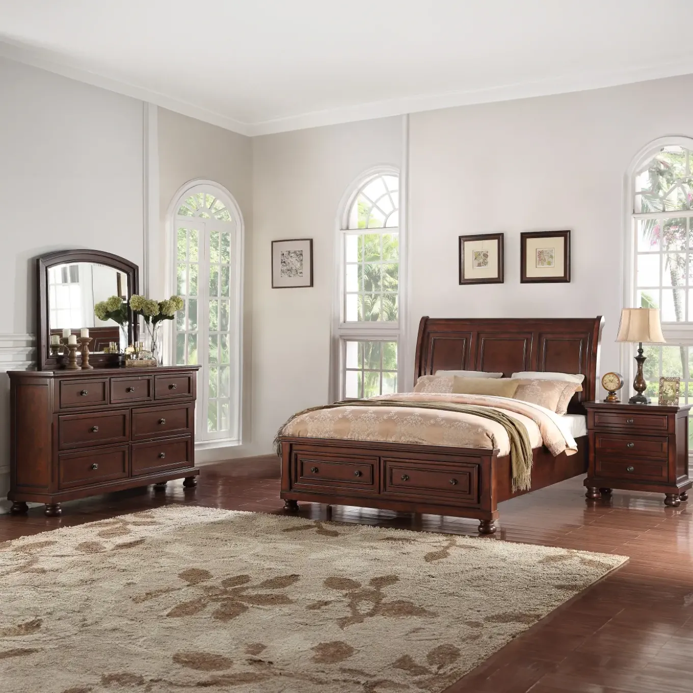 Cortland California King Sleigh Storage Bed, Dresser, Mirror, Nightstand