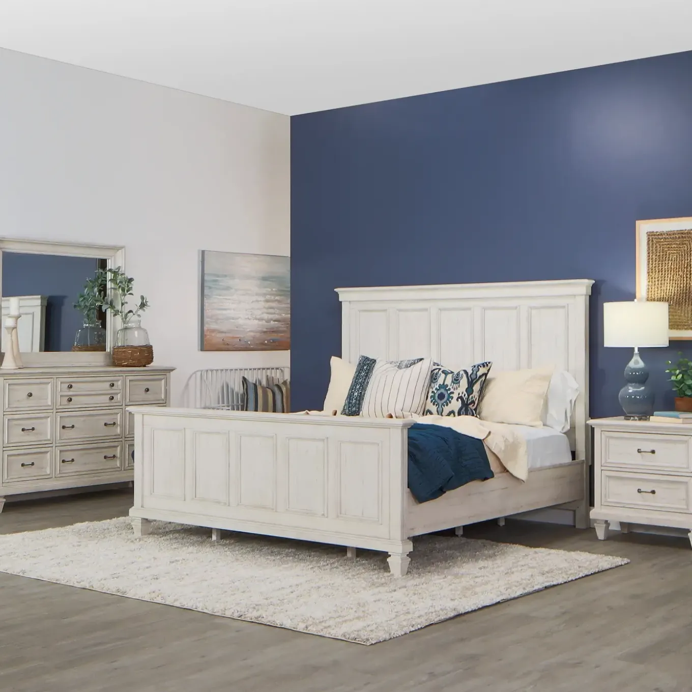 East Bay California King Panel Bed, Dresser, Mirror, Nightstand