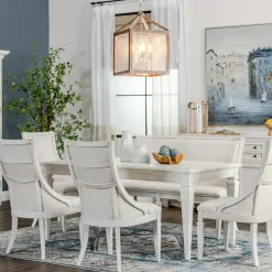 East Bay 6pc Dining Set: Extendable Dining Table, 4 Arm Chairs & Bench