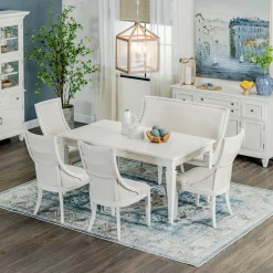 East Bay 6pc Dining Set: Extendable Dining Table, 4 Arm Chairs & Bench