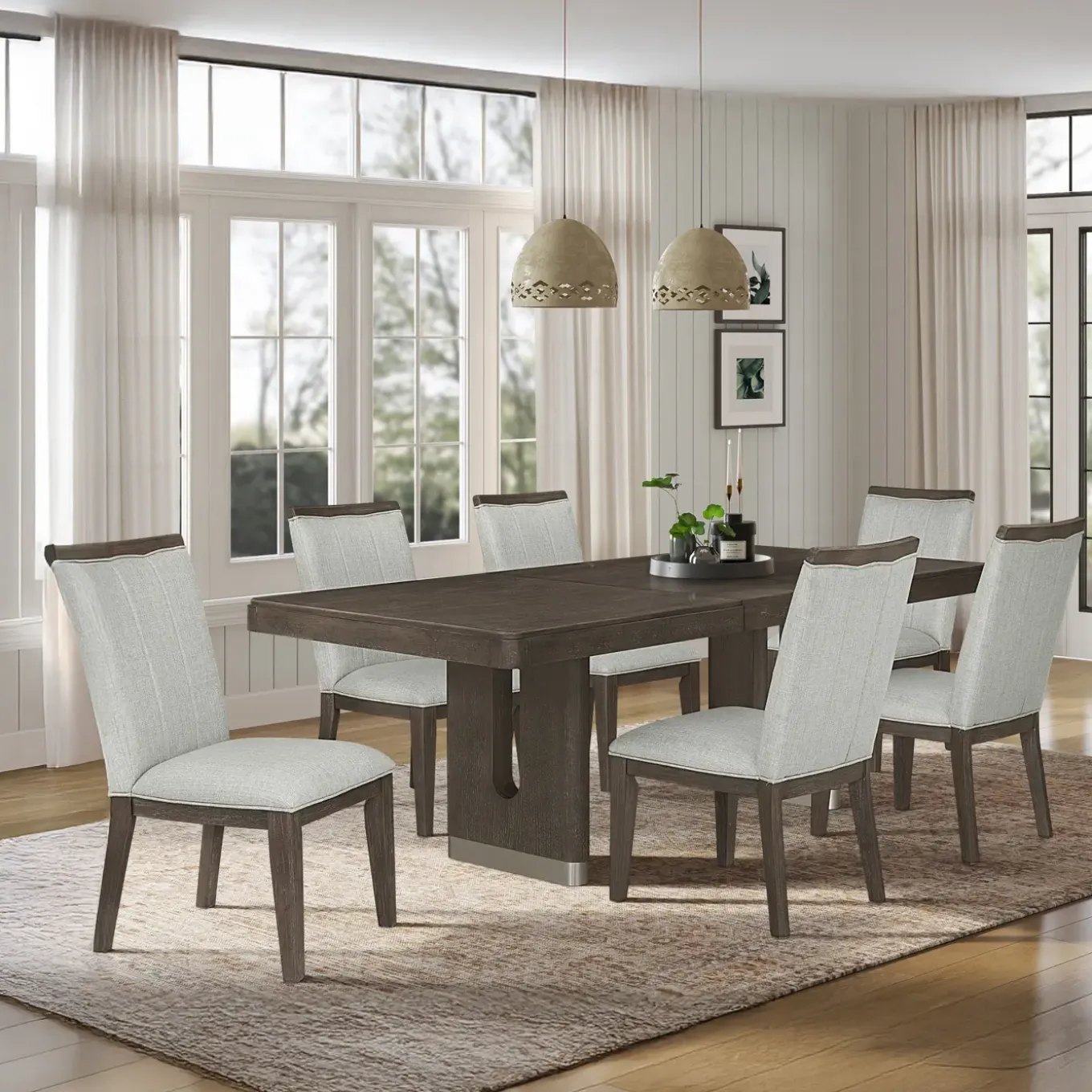Lumen Extendable Pedestal Dining Table & 6 Side Chairs
