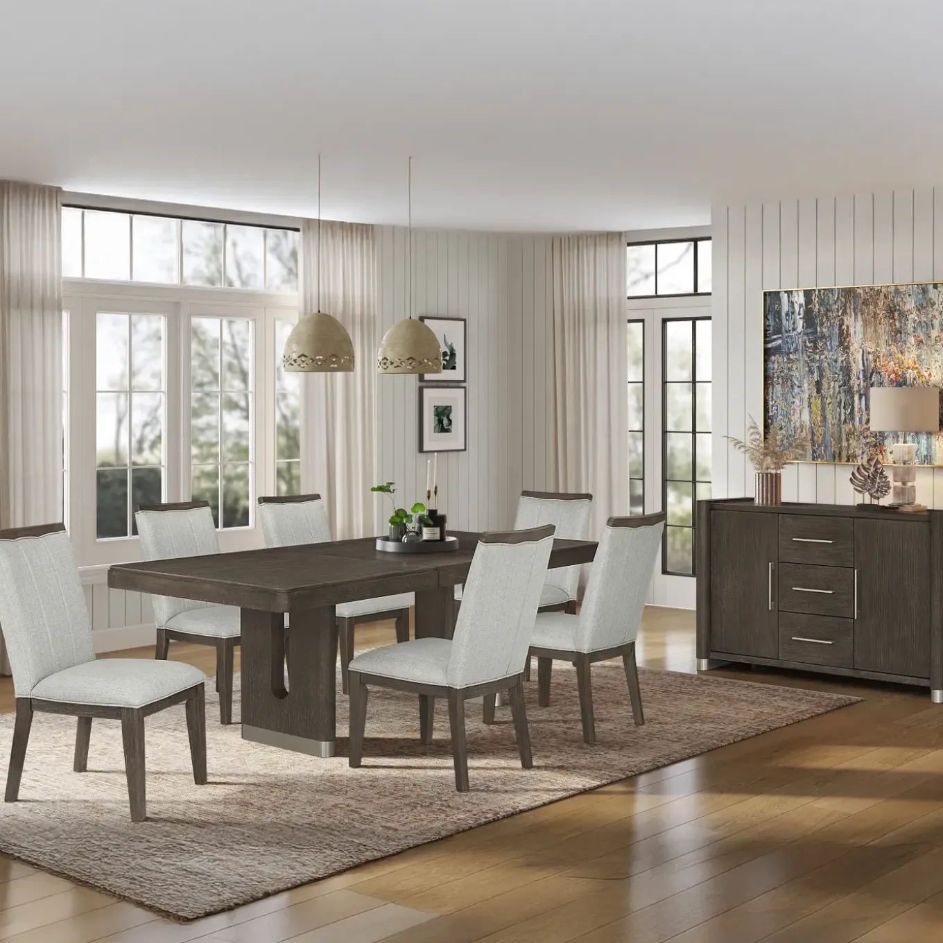 Lumen Extendable Pedestal Dining Table & 6 Side Chairs