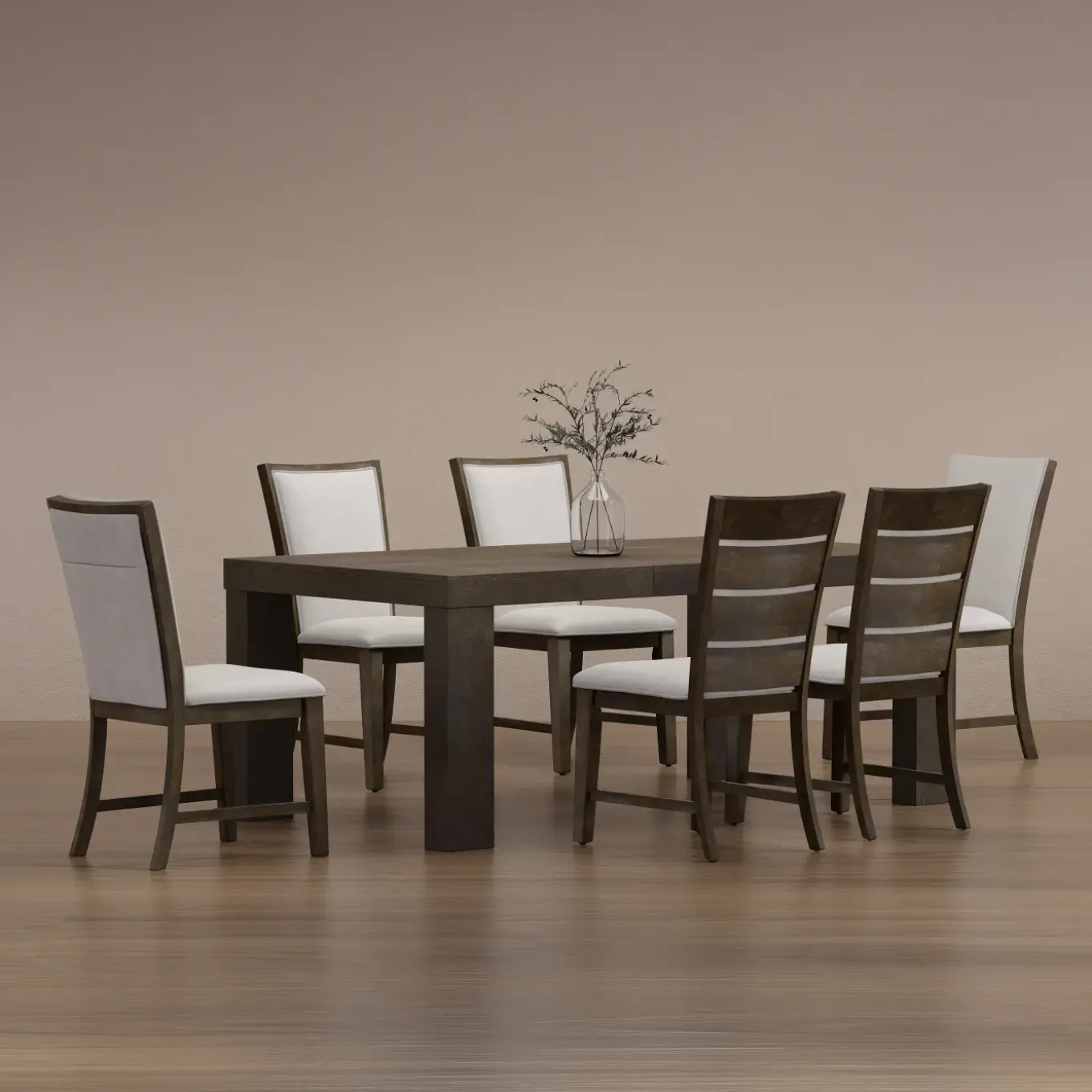Riley 7pc Dining Set: Extendable Table, 2 Upholstered Chairs & 4 Slat Back Chairs