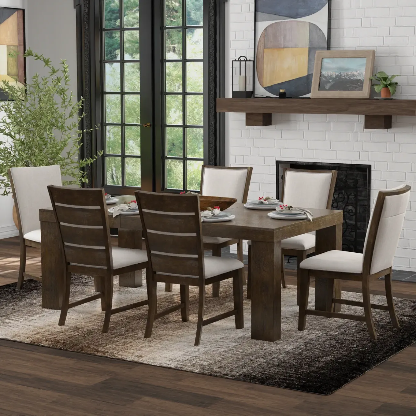 Riley 7pc Dining Set: Extendable Table, 2 Upholstered Chairs & 4 Slat Back Chairs