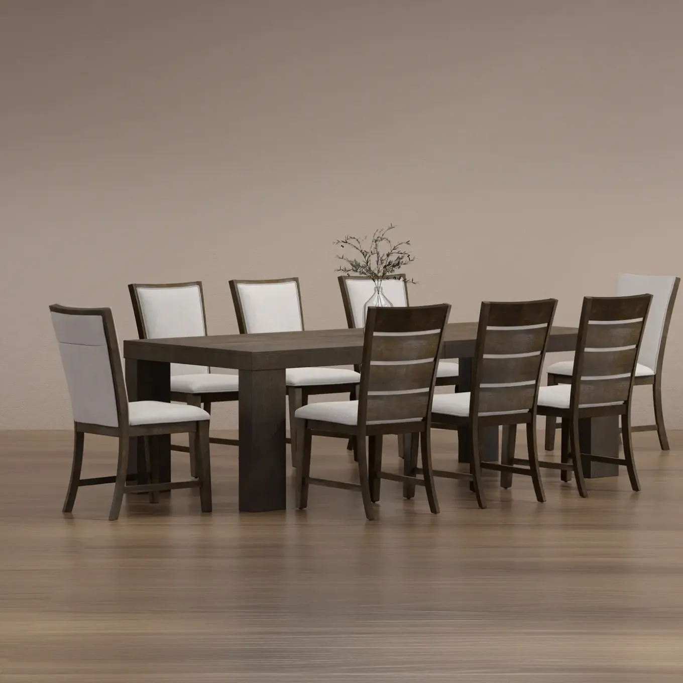 Riley 9pc Dining Set: Extendable Table, 2 Upholstered Chairs & 6 Slat Back Chairs