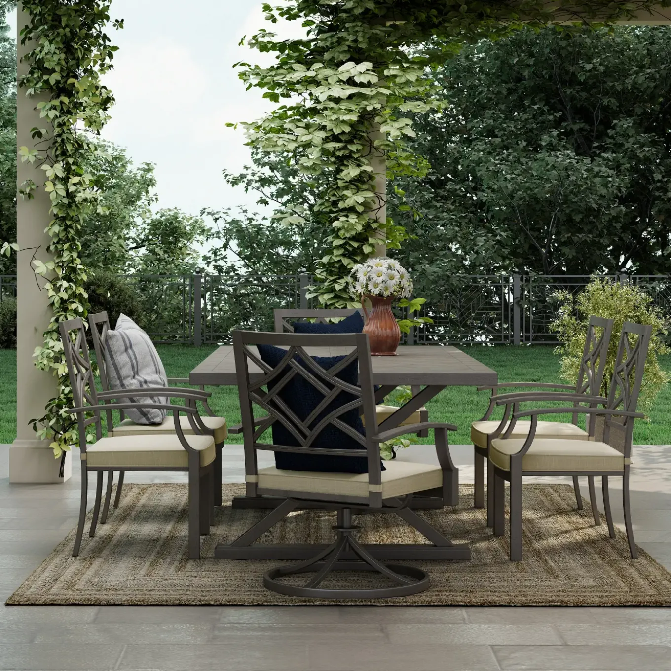 Saint Lucia Outdoor Dining Set-New! 7pc Dining Set: Table, 4 Armchairs & 2 Swivel Armchairs