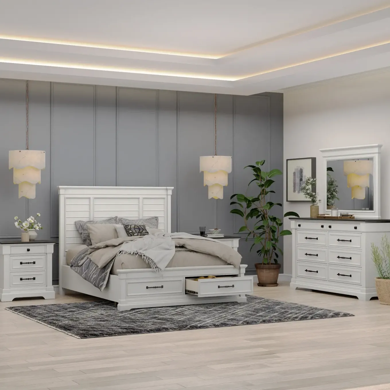 Sheridan California King Storage Bed, Dresser, Mirror, Nightstand
