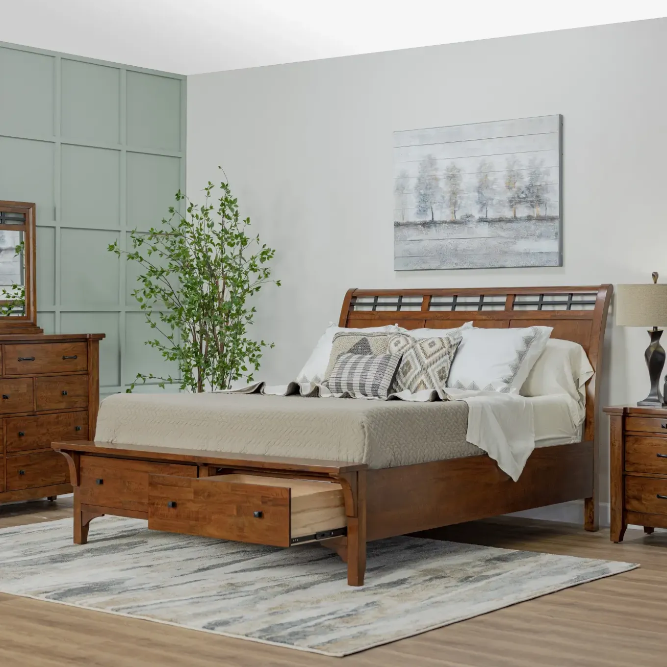 Wisteria Eastern King Storage Sleigh Bed, Dresser, Mirror & Nightstand